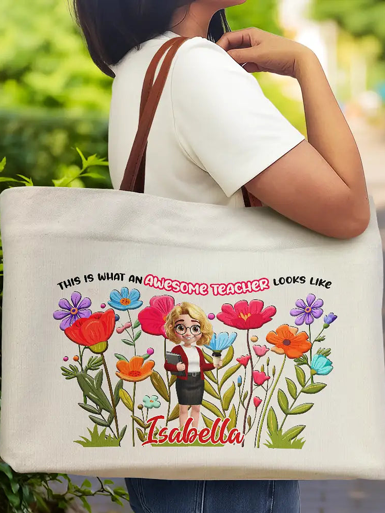 This Is What An Awesome Teacher Looks Like - Personalized Leather Handle Tote Bag 2