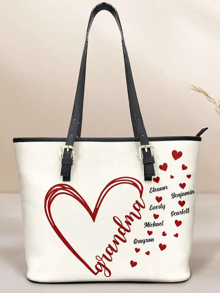 Grandma Little Hearts - Personalized Leather Tote Bag 1