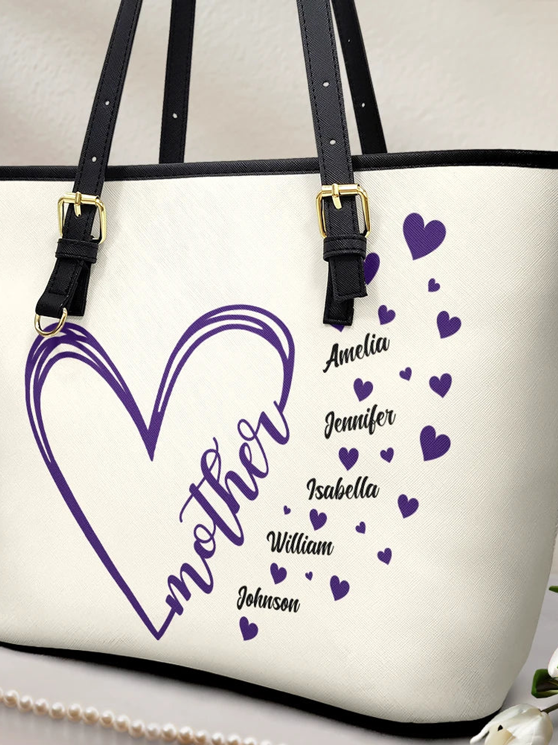 Grandma Little Hearts - Personalized Leather Tote Bag 2