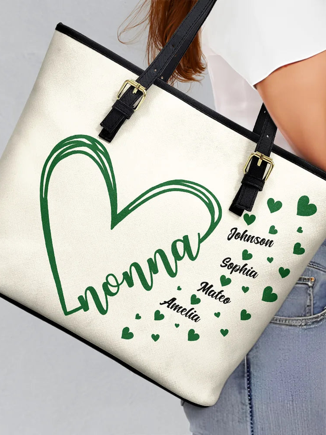 Grandma Little Hearts - Personalized Leather Tote Bag 3