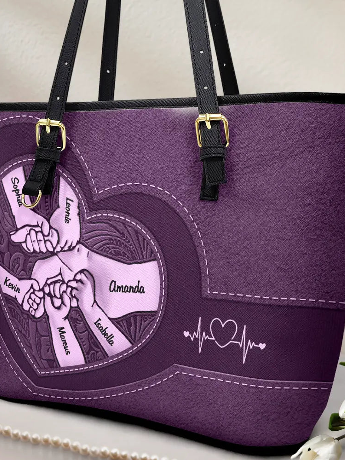 Leather Holding Hands Icon Mom Grandma & Kids - Personalized Leather Tote Bag 2