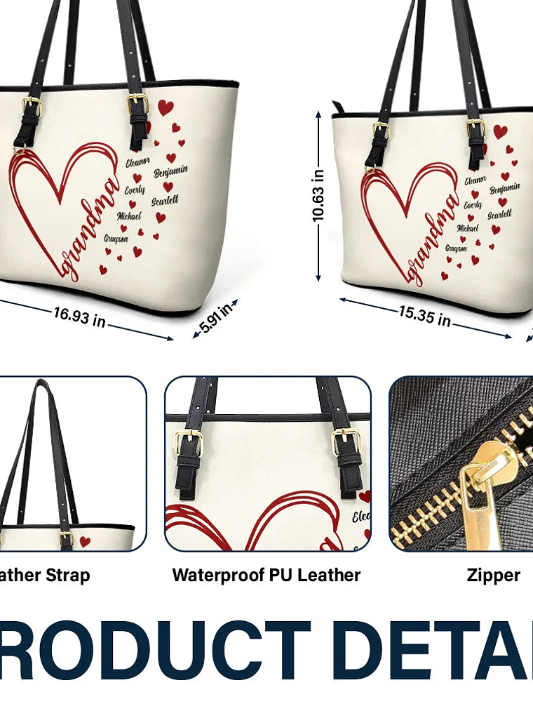 Grandma Little Hearts - Personalized Leather Tote Bag 6