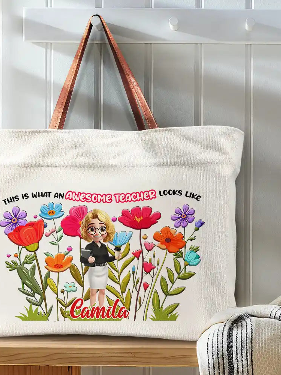 This Is What An Awesome Teacher Looks Like - Personalized Leather Handle Tote Bag 3