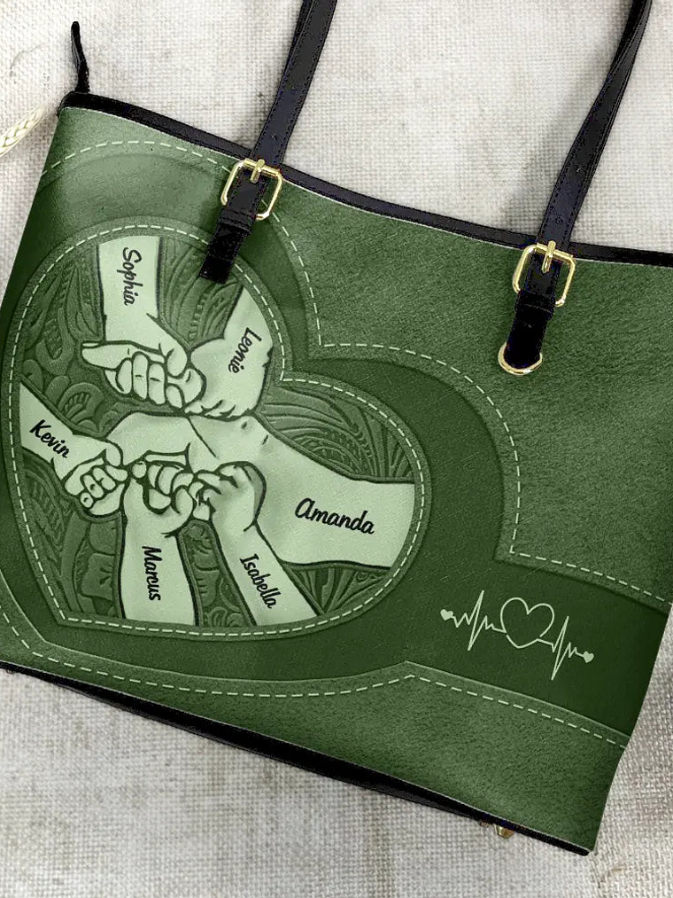 Leather Holding Hands Icon Mom Grandma & Kids - Personalized Leather Tote Bag 4