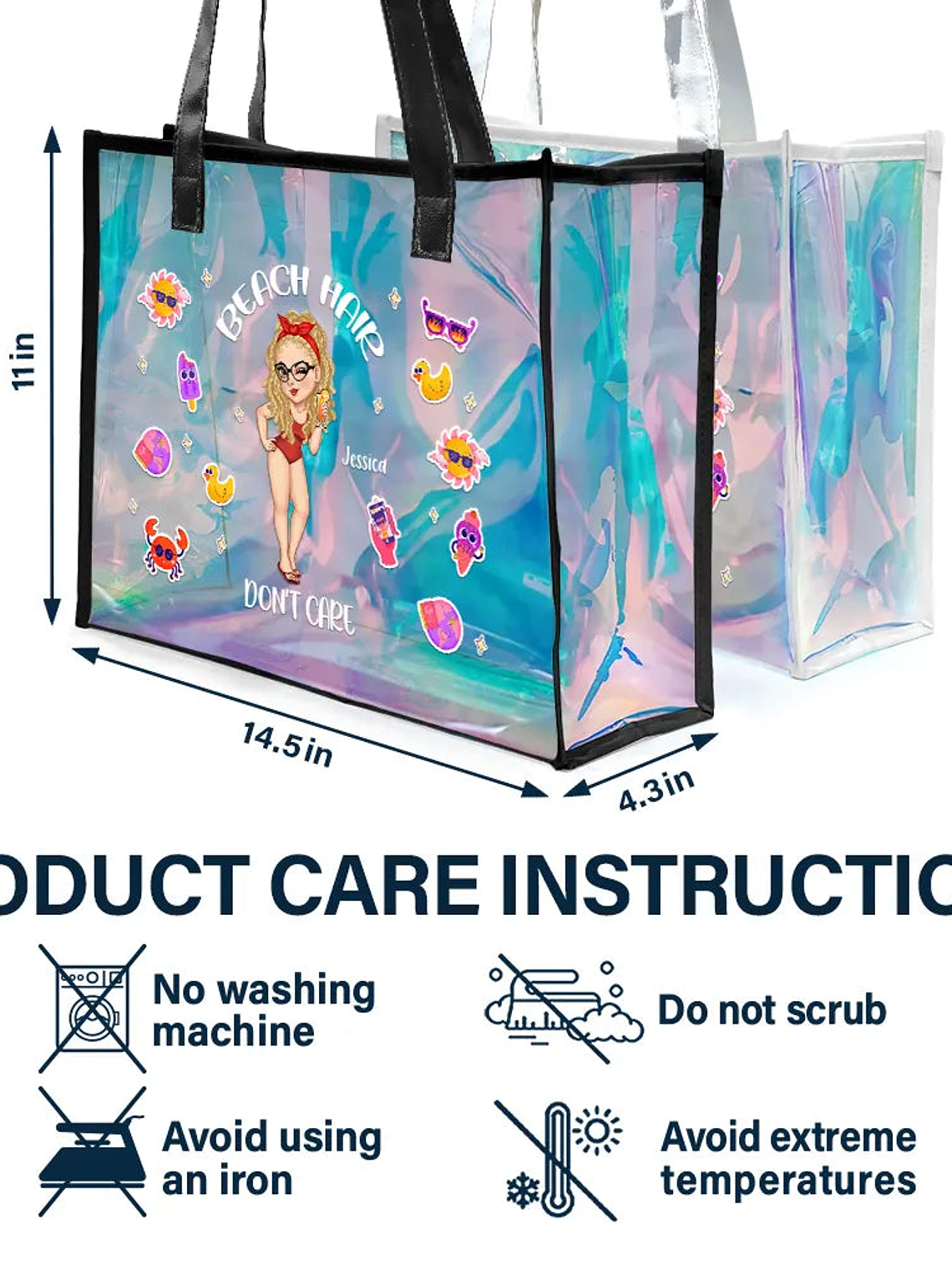 Beach Hair Don't Care - Personalized Holographic Tote 4