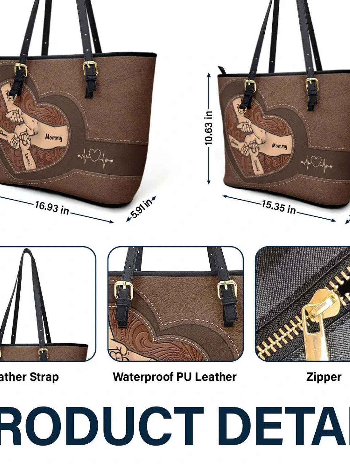 Leather Holding Hands Icon Mom Grandma & Kids - Personalized Leather Tote Bag 6