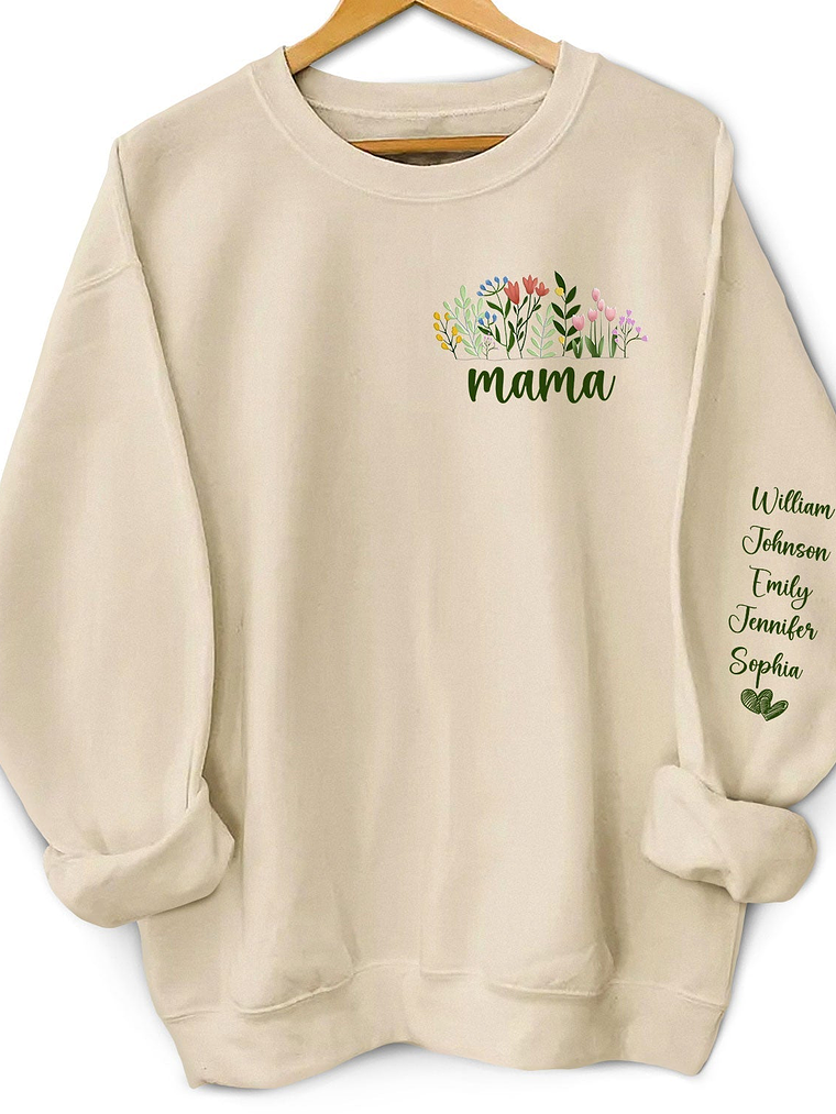 Floral Mama Title - Birthday, Loving Gift For Mom, Mother, Grandma, Grandmother - Personalized Unisex Sweatshirt With Design On Sleeve 1