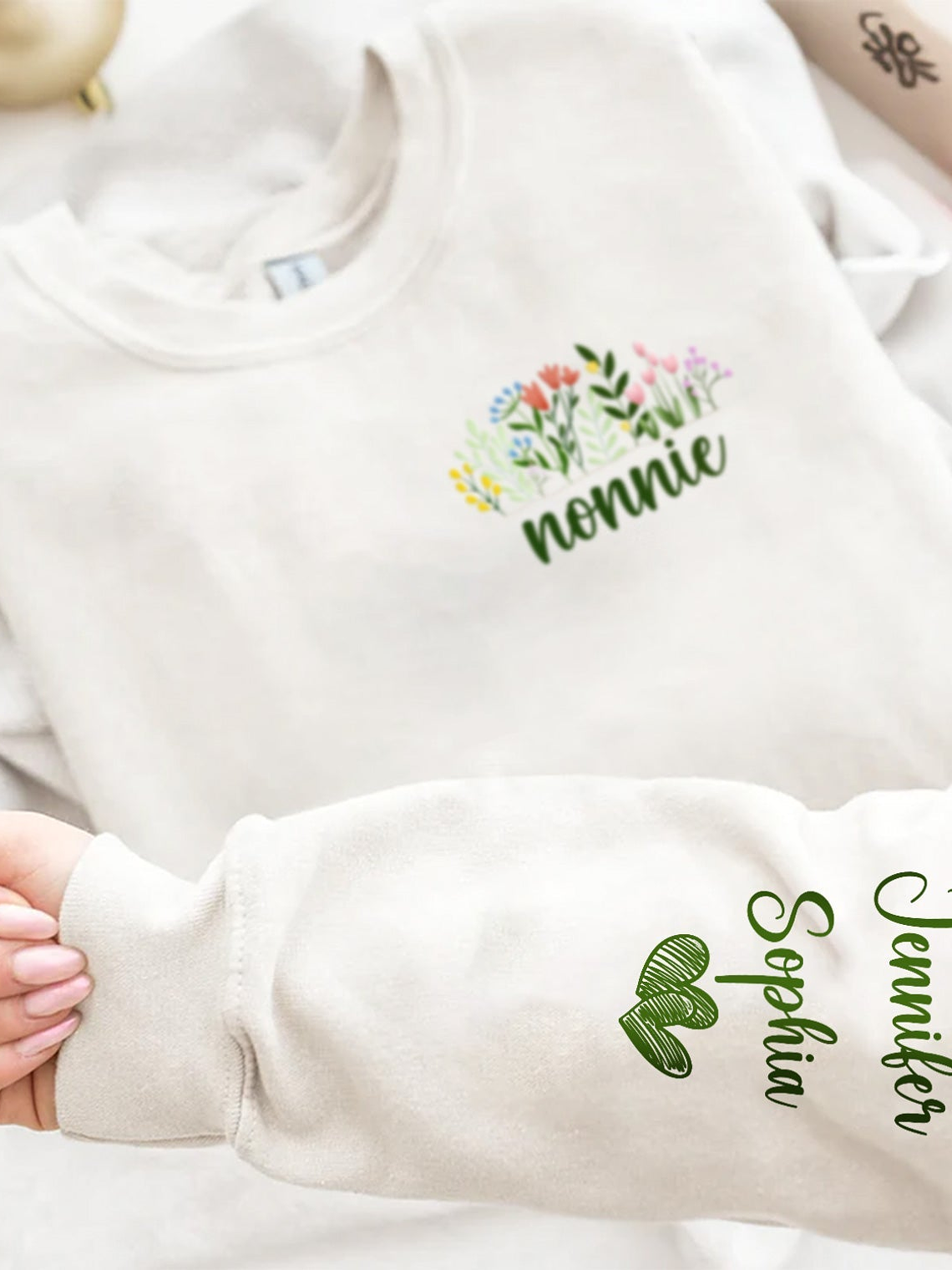 Floral Mama Title - Birthday, Loving Gift For Mom, Mother, Grandma, Grandmother - Personalized Unisex Sweatshirt With Design On Sleeve 4