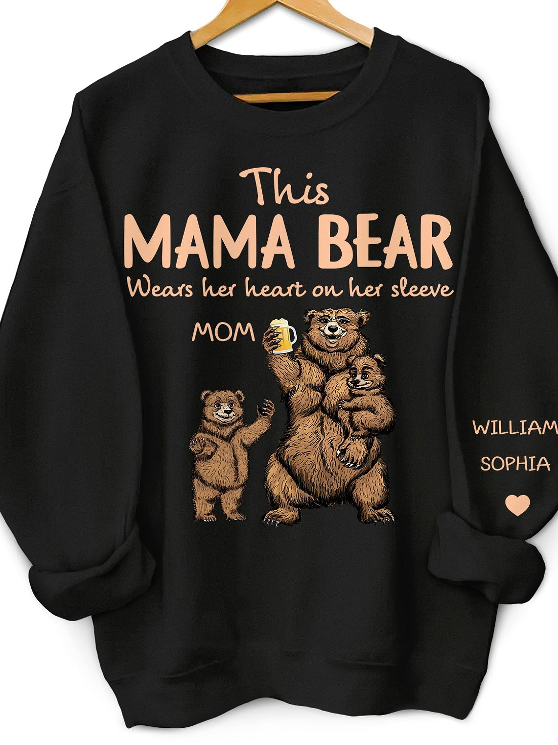 This Mama Bear Wears Her Heart - Gift For Mom, Nana - Personalized Unisex Sweatshirt With Design On Sleeve 1
