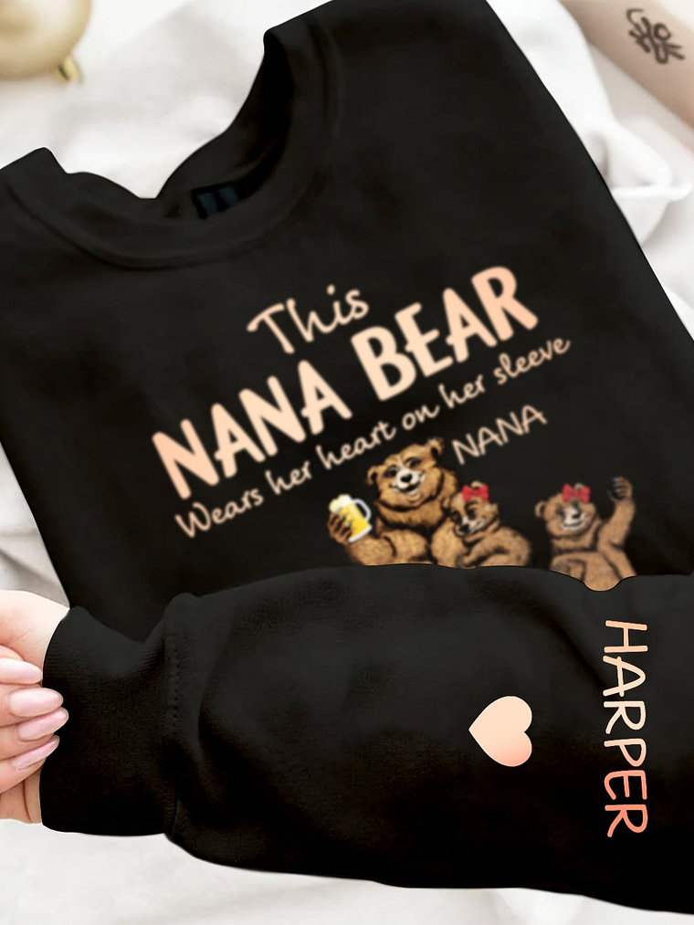 This Mama Bear Wears Her Heart - Gift For Mom, Nana - Personalized Unisex Sweatshirt With Design On Sleeve 4