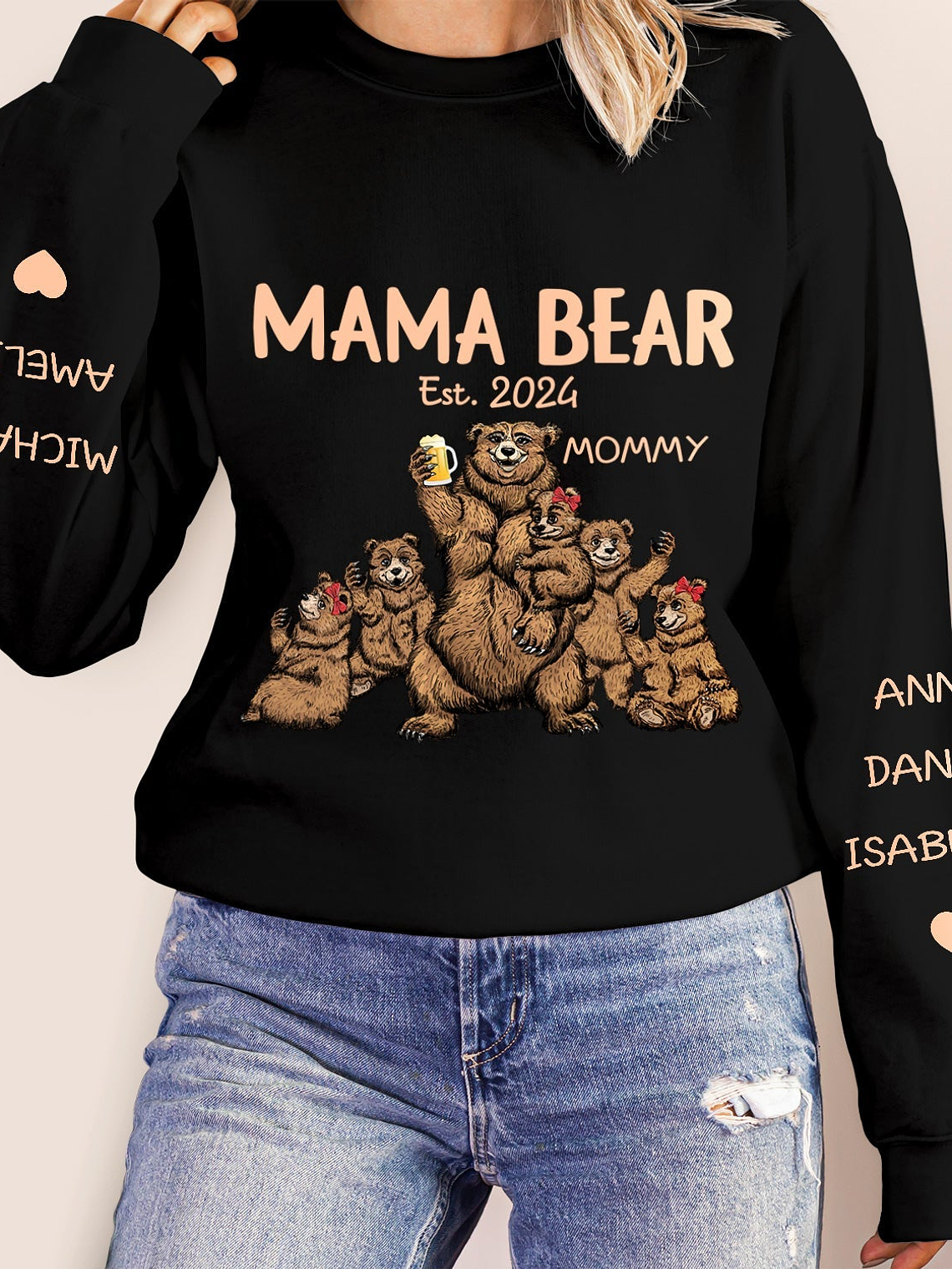 This Mama Bear Wears Her Heart - Gift For Mom, Nana - Personalized Unisex Sweatshirt With Design On Sleeve 5