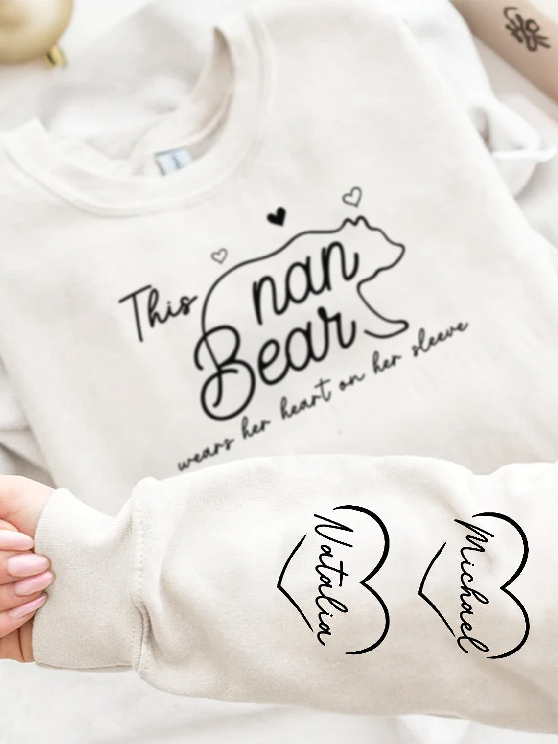 This Mama Bear Wears Her Heart On Her Sleeve - Gift For Mom - Personalized Sweatshirt With Sleeve Imprint 4