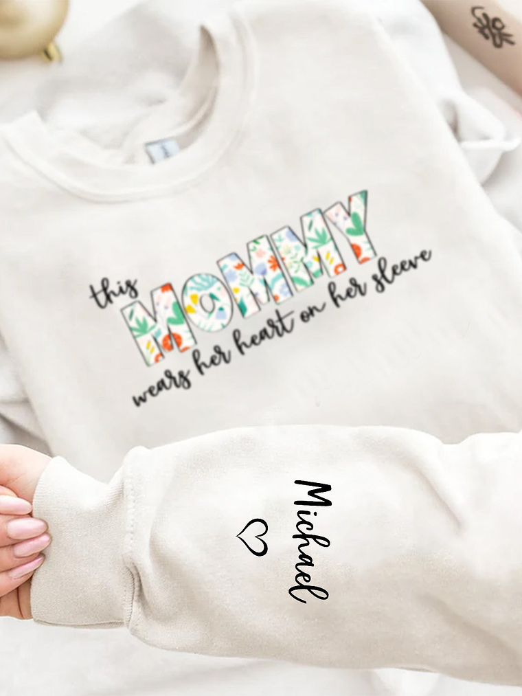 This Mama Wears Her Heart On Her Sleeve - Birthday, Loving Gift For Mom, Mother, Grandma, Grandmother - Personalized Sweatshirt With Sleeve Imprint 4
