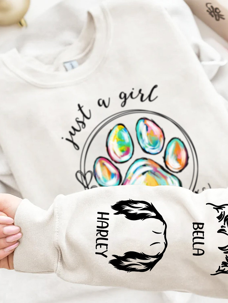 Just A Girl Who Loves Dogs Cats - Birthday, Loving Gift For Dog Lover, Cat Mom, Pet Mum - Personalized Unisex Sweatshirt With Design On Sleeve 4
