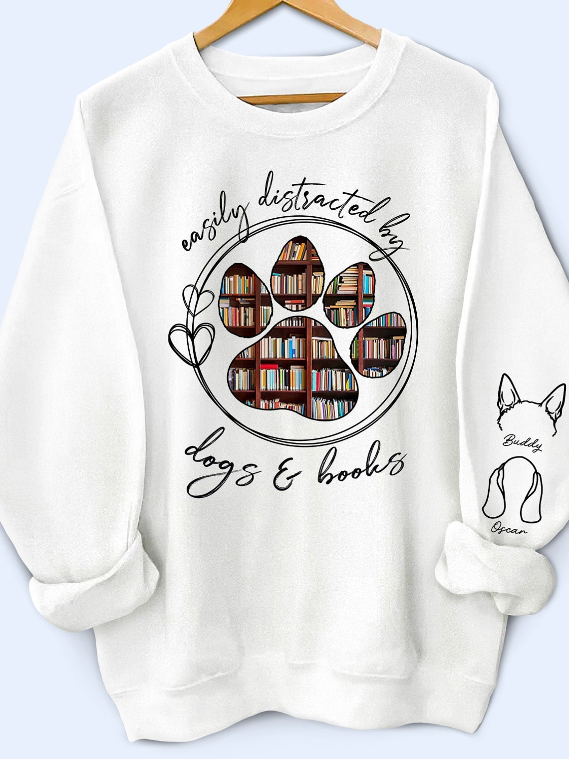 Easily Distracted By Dogs Cats And Books - Birthday, Loving Gift For Dog Lover, Cat Mom, Pet Mum - Personalized Unisex Sweatshirt With Design On Sleeve 1