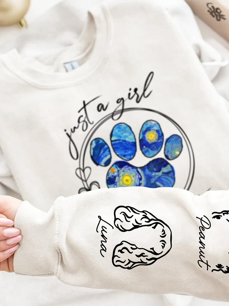 Just A Girl Who Loves Dogs Cats Night Sky - Birthday, Loving Gift For Dog Lover, Cat Mom, Pet Mum - Personalized Unisex Sweatshirt With Design On Sleeve 4