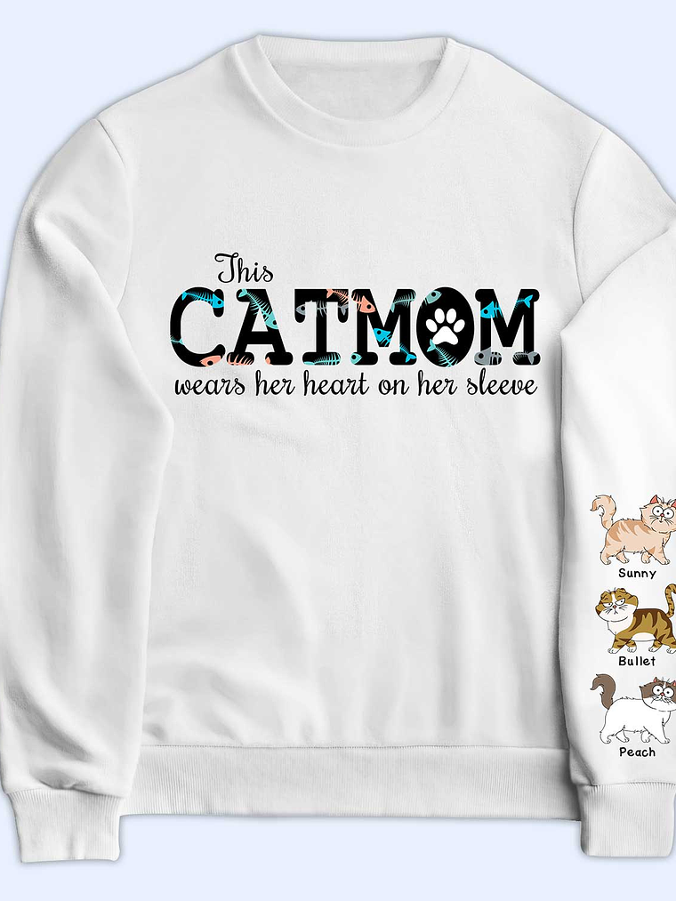 This Cat Mom Wears Her Heart - Gift For Cat Lovers - Personalized Sweatshirt With Sleeve Imprint 1