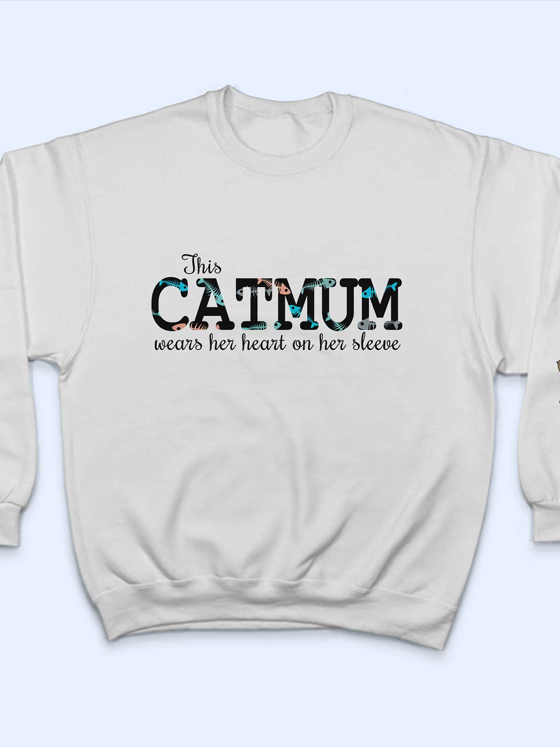 This Cat Mom Wears Her Heart - Gift For Cat Lovers - Personalized Sweatshirt With Sleeve Imprint 3