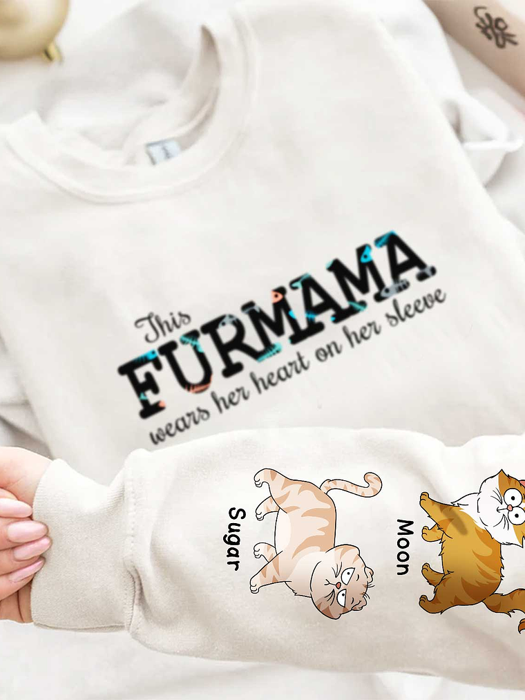 This Cat Mom Wears Her Heart - Gift For Cat Lovers - Personalized Sweatshirt With Sleeve Imprint 4