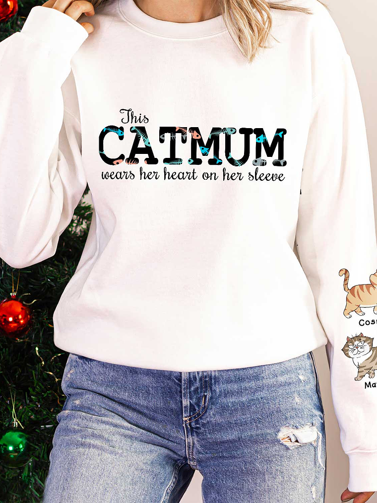 This Cat Mom Wears Her Heart - Gift For Cat Lovers - Personalized Sweatshirt With Sleeve Imprint 5