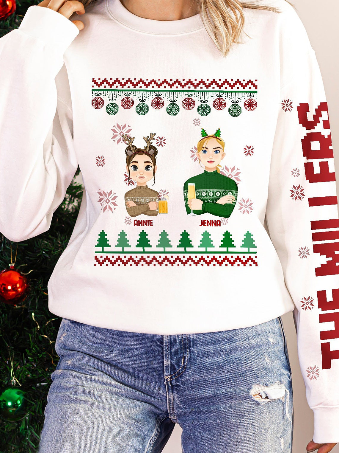 Flat Art - Christmas, Funny Gift For Family, Couple, Dad, Mom, Grandpa, Grandma - Personalized Sweatshirt With Sleeve Imprint 5