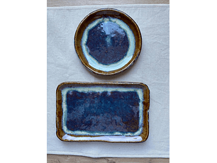 Plato gres rectangular y platito redondo