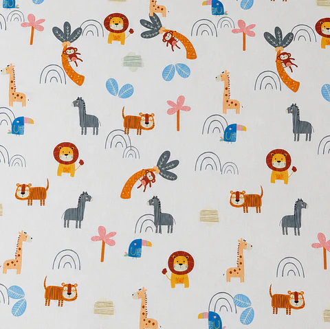 Tela infantil estampada safari fondo blanco 
