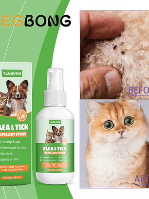 YEGBONG - Spray antipulgas para mascotas (50 ml), hipoalergénico, suave y eficaz para el cuidado del pelaje de perros y gatos, con fórmula vegetal no tóxica.