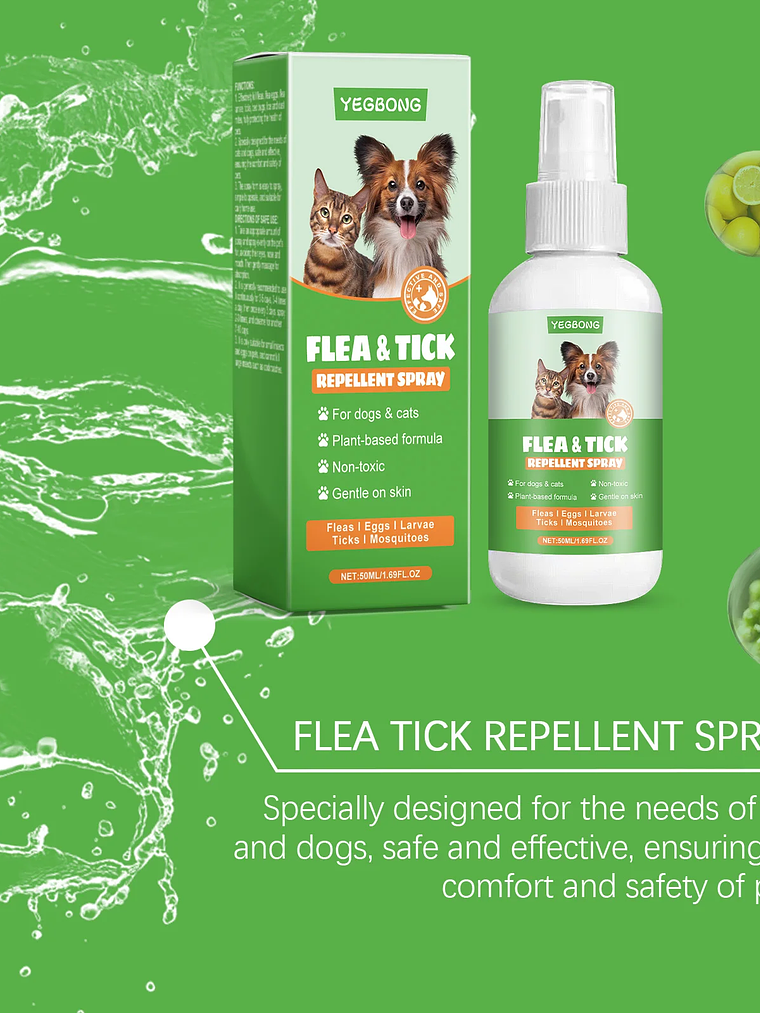 YEGBONG - Spray antipulgas para mascotas (50 ml), hipoalergénico, suave y eficaz para el cuidado del pelaje de perros y gatos, con fórmula vegetal no tóxica. 5