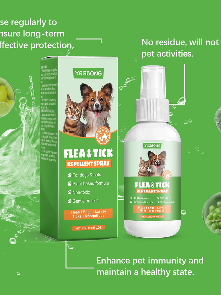 YEGBONG - Spray antipulgas para mascotas (50 ml), hipoalergénico, suave y eficaz para el cuidado del pelaje de perros y gatos, con fórmula vegetal no tóxica. 9