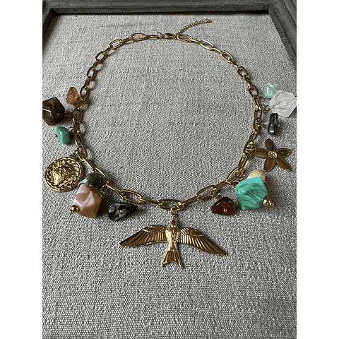 Collar Pájaro y Dijes, piedras, de Acero baño Oro