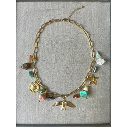 Collar Pájaro y Dijes, piedras, de Acero baño Oro