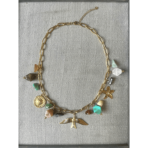 Collar Pájaro y Dijes, piedras, de Acero baño Oro