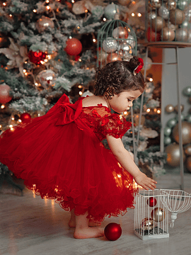 Vestido Nube Rojo Bordeo con Flores Bebe
