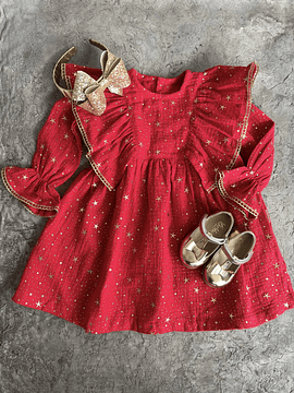 Vestido Betty Rojo de Muselina con Glitter Dorado