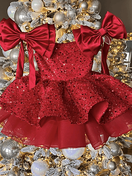 Vestido Rojo con Lazos Grandes con Lentejuelas 