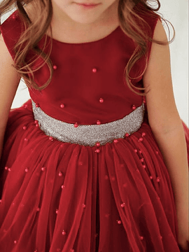 Vestido Bordo con perlitas y lazo plateado 
