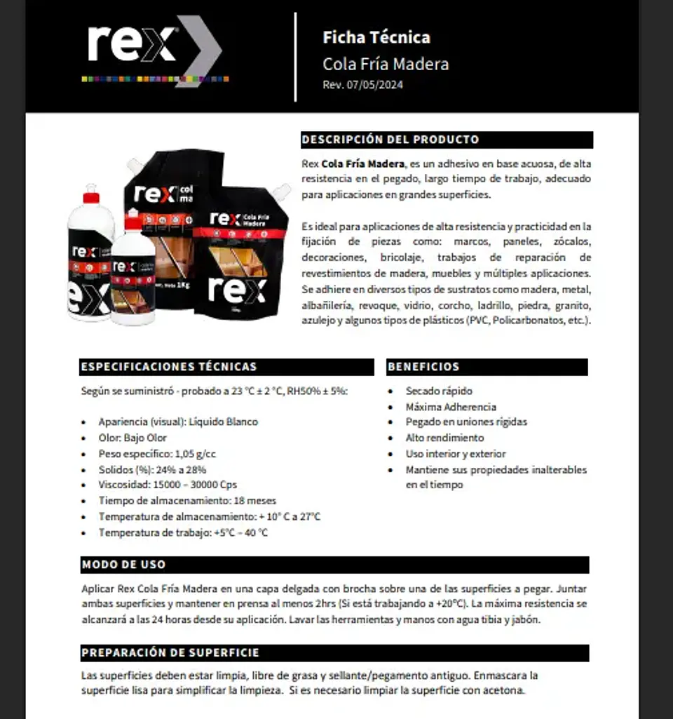 Cola Fría para Madera Rex 1 kg Frasco Dosificador 3