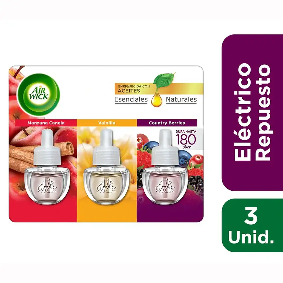Desodorante Ambiental Kit Repuesto Eléctrico Aceite Manzana - Canela - Vainilla - Counrty Berries Blister 1