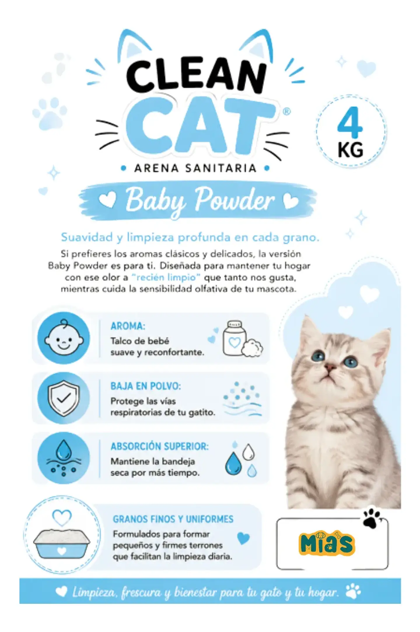 Clean Cat - Arena para Gatos- Olor Talco Bebe 4 Kg 2