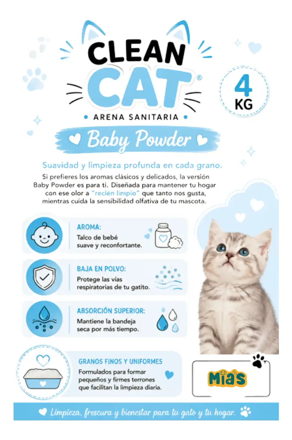 Clean Cat - Arena para Gatos- Olor Talco Bebe 4 Kg 2