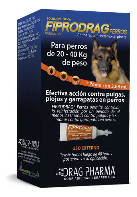 Fiprodrag Pipeta Perros 20-40 Kg 2.68 Ml Pulgas Garrapatas Piojos Azul - Drag Pharma