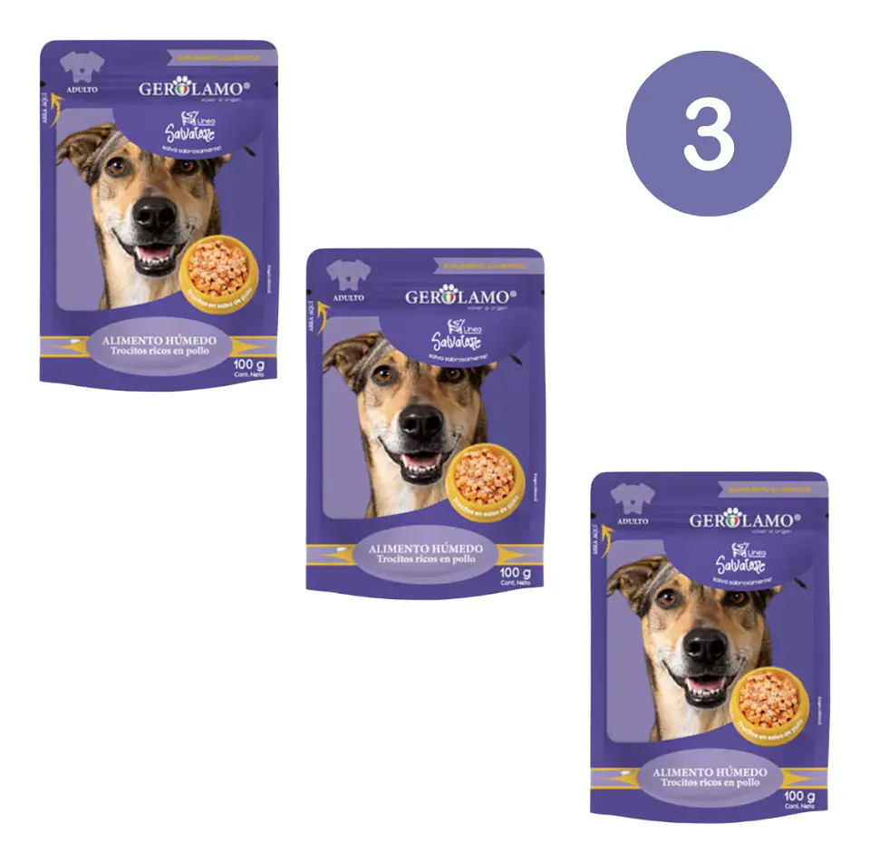 Gerolamo 3 Pack-pouch Perro-trocitos De Pollo-100 Gr 1