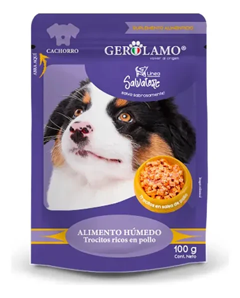 Gerolamo Alimento Húmedo para Perro Cachorro, Trozos de Pollo en Salsa, 10 x 100 g