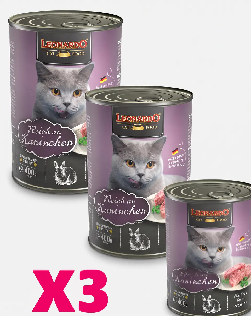 Leonardo 3 Latas-gato Adulto- Sabor Conejo-400 Gr C/u 1