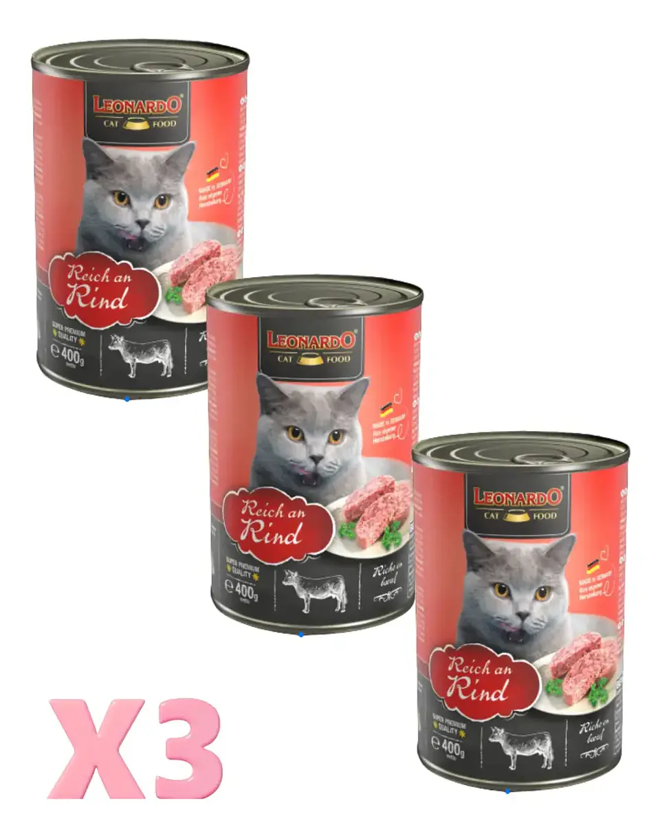 Leonardo 3 Latas-gato Adulto- Sabor Carne-400 Gr C/u 1