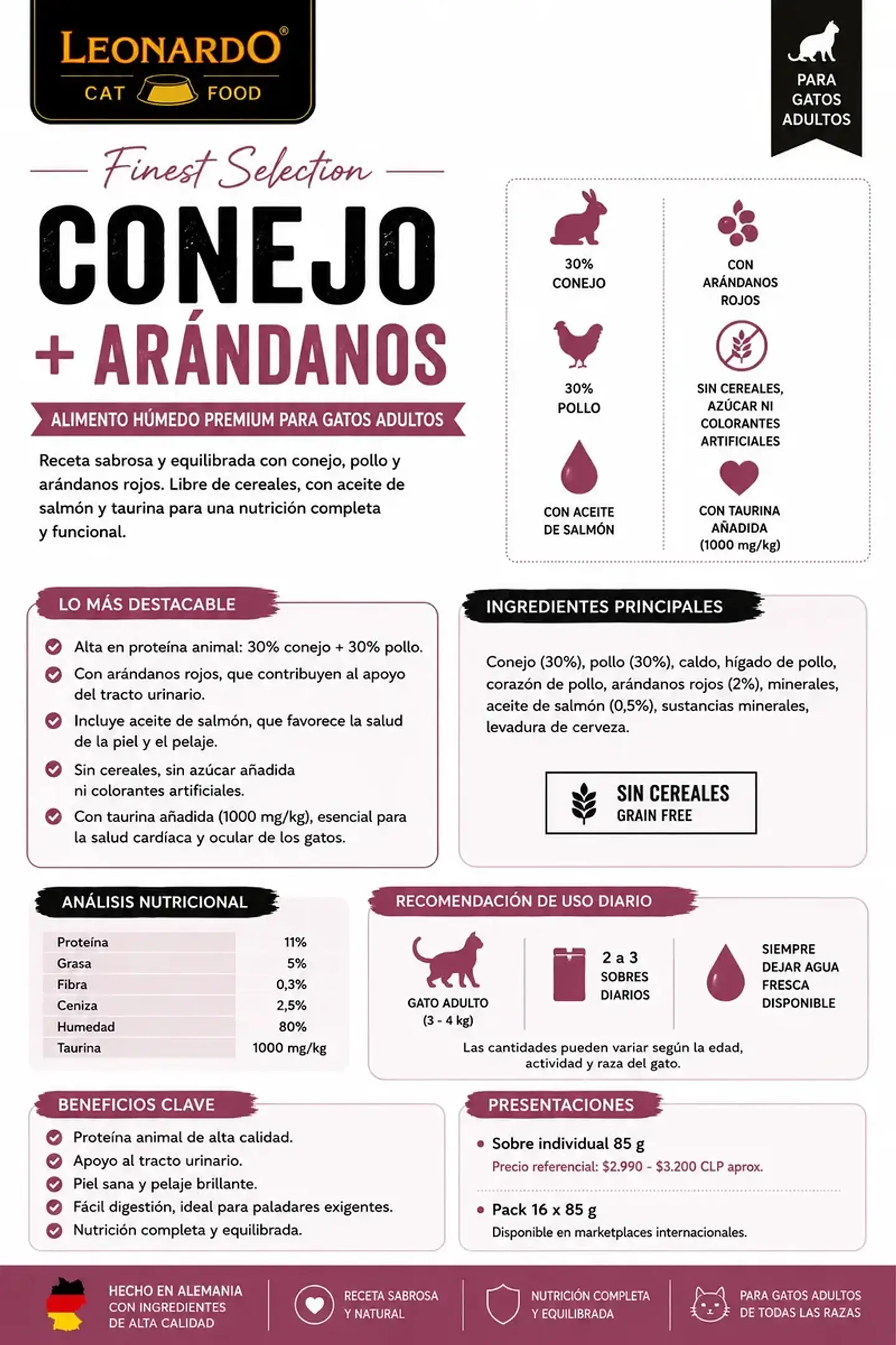 Leonardo Pack 9 Sachets Gato-sabor Conejo Arandanos-85gr C/u 3