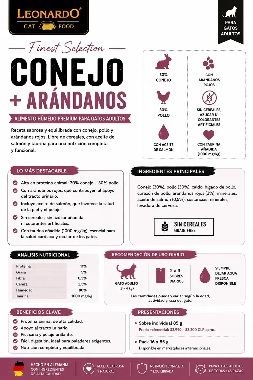 Leonardo Pack 9 Sachets Gato-sabor Conejo Arandanos-85gr C/u 3