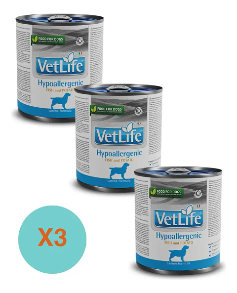 Vet Life 3 Latas Vetlife-hipoalergénico Perro-pescadoypapa-total 900g