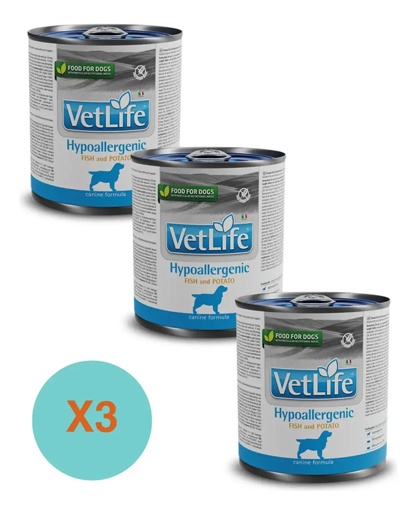 Vet Life 3 Latas Vetlife-hipoalergénico Perro-pescadoypapa-total 900g 1